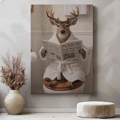 Humorous Buck Bathroom Canvas Print Deer in Bathrobe Reading Newspaper Poster