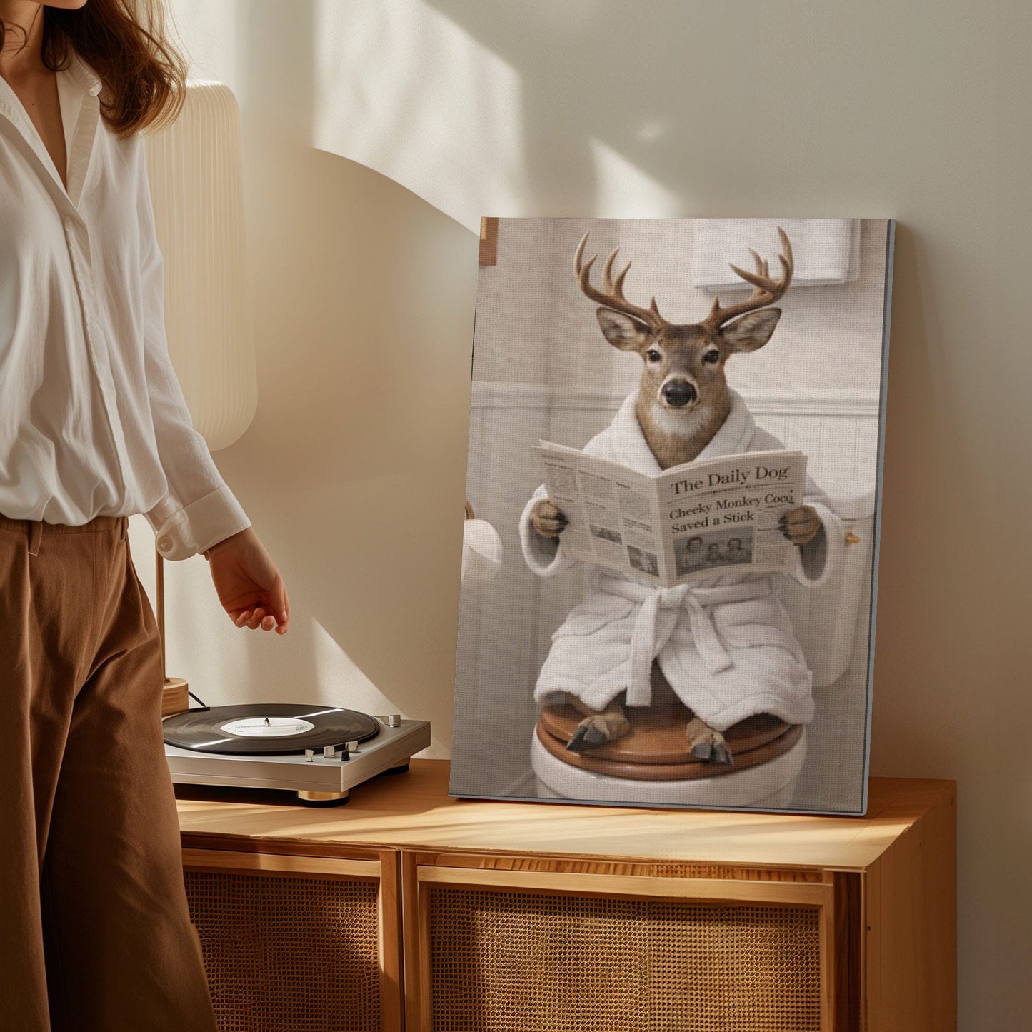 Humorous Buck Bathroom Canvas Print Deer in Bathrobe Reading Newspaper Poster