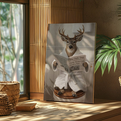 Humorous Buck Bathroom Canvas Print Deer in Bathrobe Reading Newspaper Poster