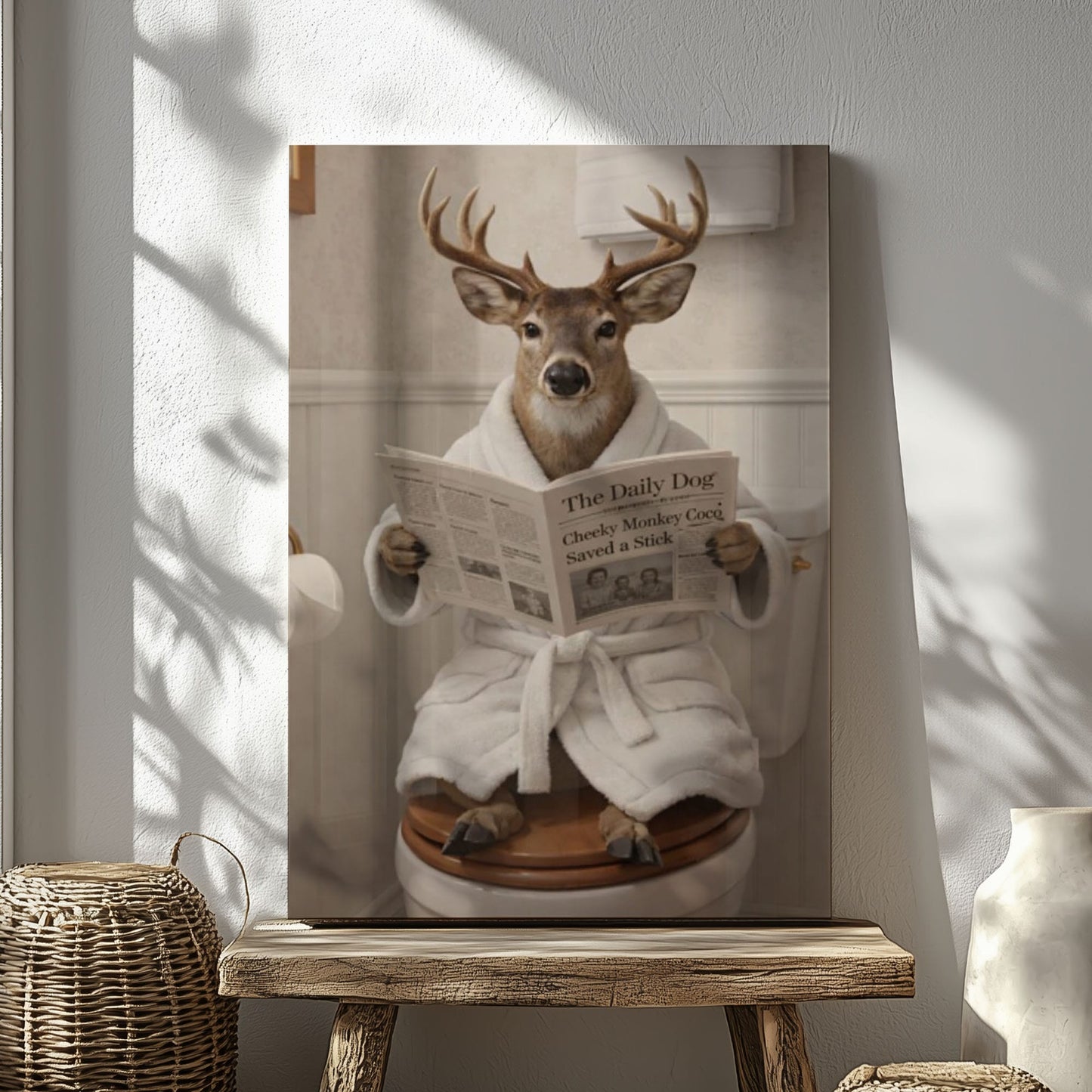 Humorous Buck Bathroom Canvas Print Deer in Bathrobe Reading Newspaper Poster