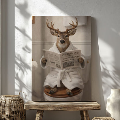Humorous Buck Bathroom Canvas Print Deer in Bathrobe Reading Newspaper Poster