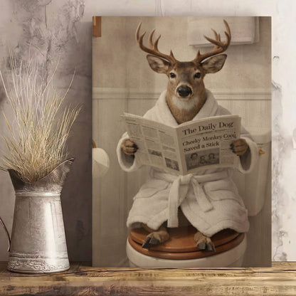 Humorous Buck Bathroom Canvas Print Deer in Bathrobe Reading Newspaper Poster