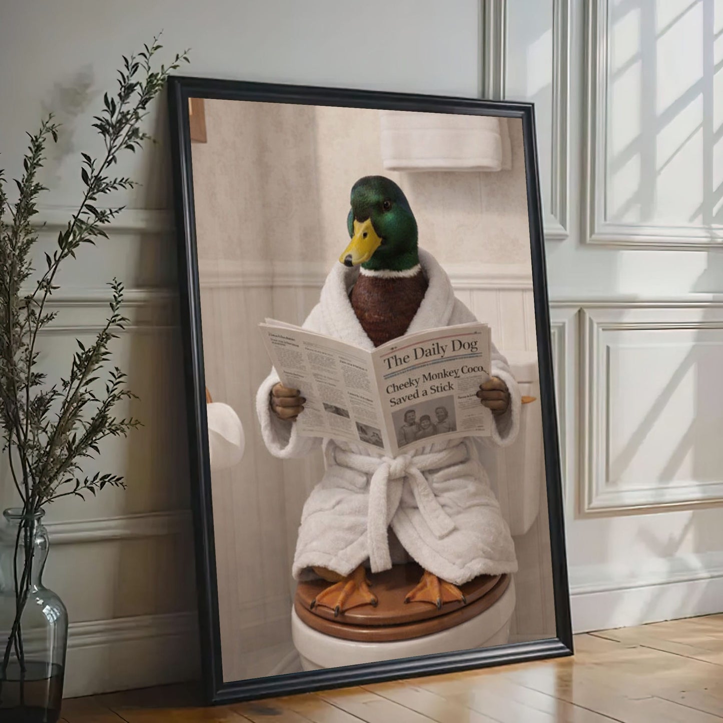 Humorous Duck Bathroom Canvas Print Duck in Bathrobe Reading Newspaper Poster