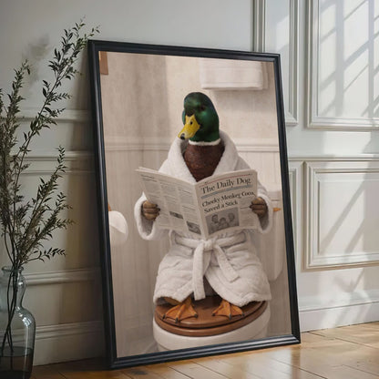 Humorous Duck Bathroom Canvas Print Duck in Bathrobe Reading Newspaper Poster