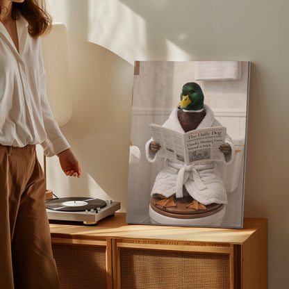 Humorous Duck Bathroom Canvas Print Duck in Bathrobe Reading Newspaper Poster