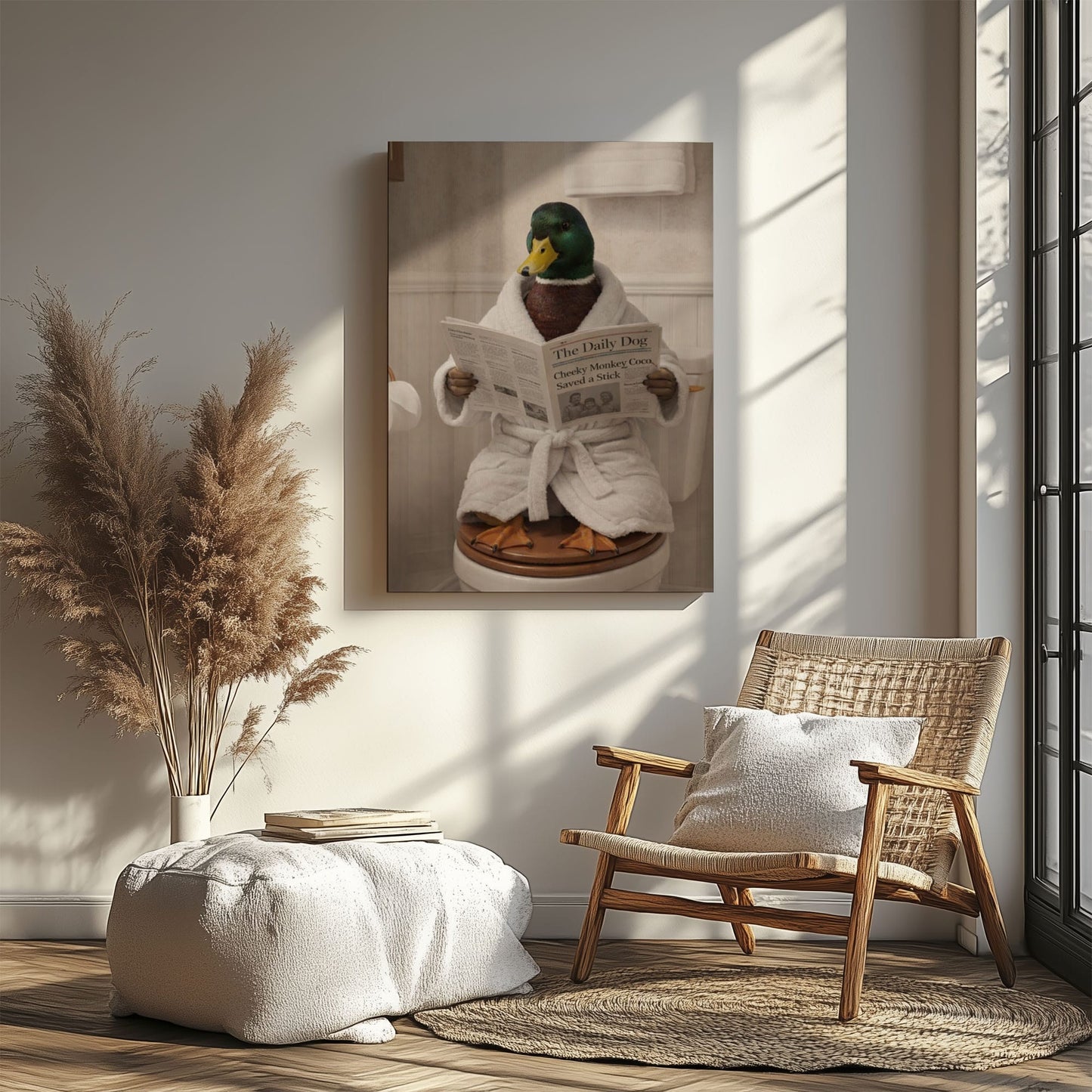 Humorous Duck Bathroom Canvas Print Duck in Bathrobe Reading Newspaper Poster