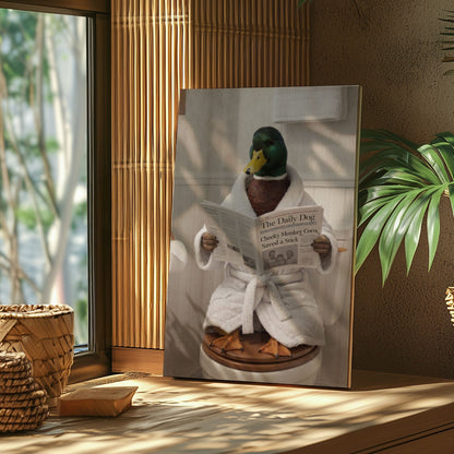 Humorous Duck Bathroom Canvas Print Duck in Bathrobe Reading Newspaper Poster