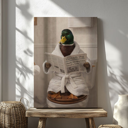 Humorous Duck Bathroom Canvas Print Duck in Bathrobe Reading Newspaper Poster