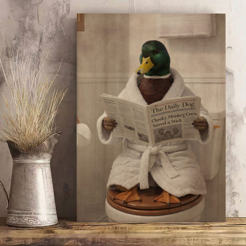 Humorous Duck Bathroom Canvas Print Duck in Bathrobe Reading Newspaper Poster