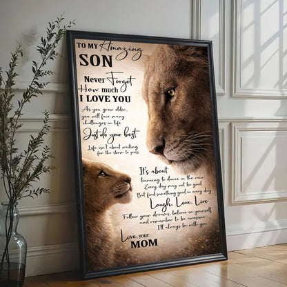 Lion Mom and Son Canvas Print To My Amazing Son Quote Wall Art Poster