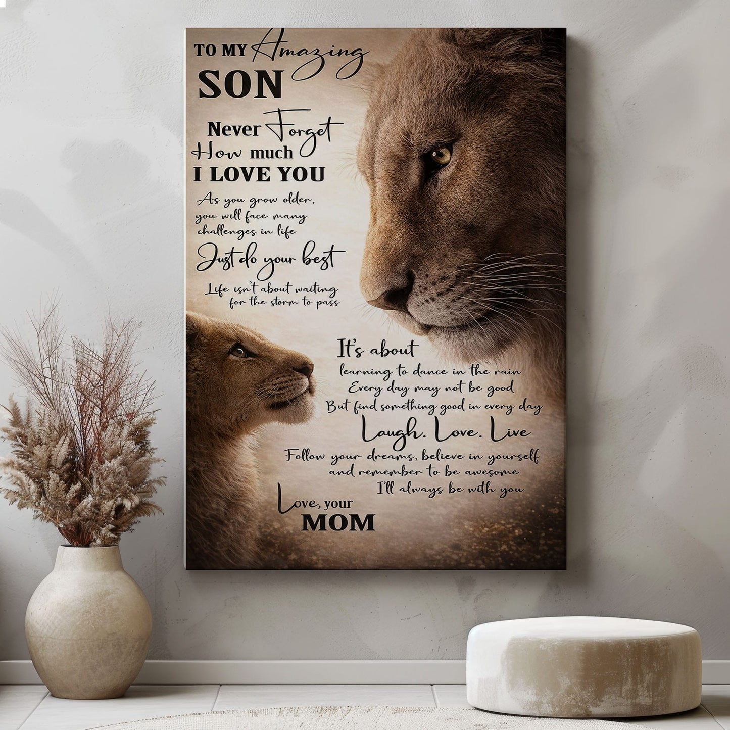 Lion Mom and Son Canvas Print To My Amazing Son Quote Wall Art Poster