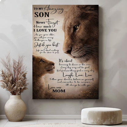 Lion Mom and Son Canvas Print To My Amazing Son Quote Wall Art Poster