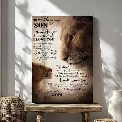 Lion Mom and Son Canvas Print To My Amazing Son Quote Wall Art Poster