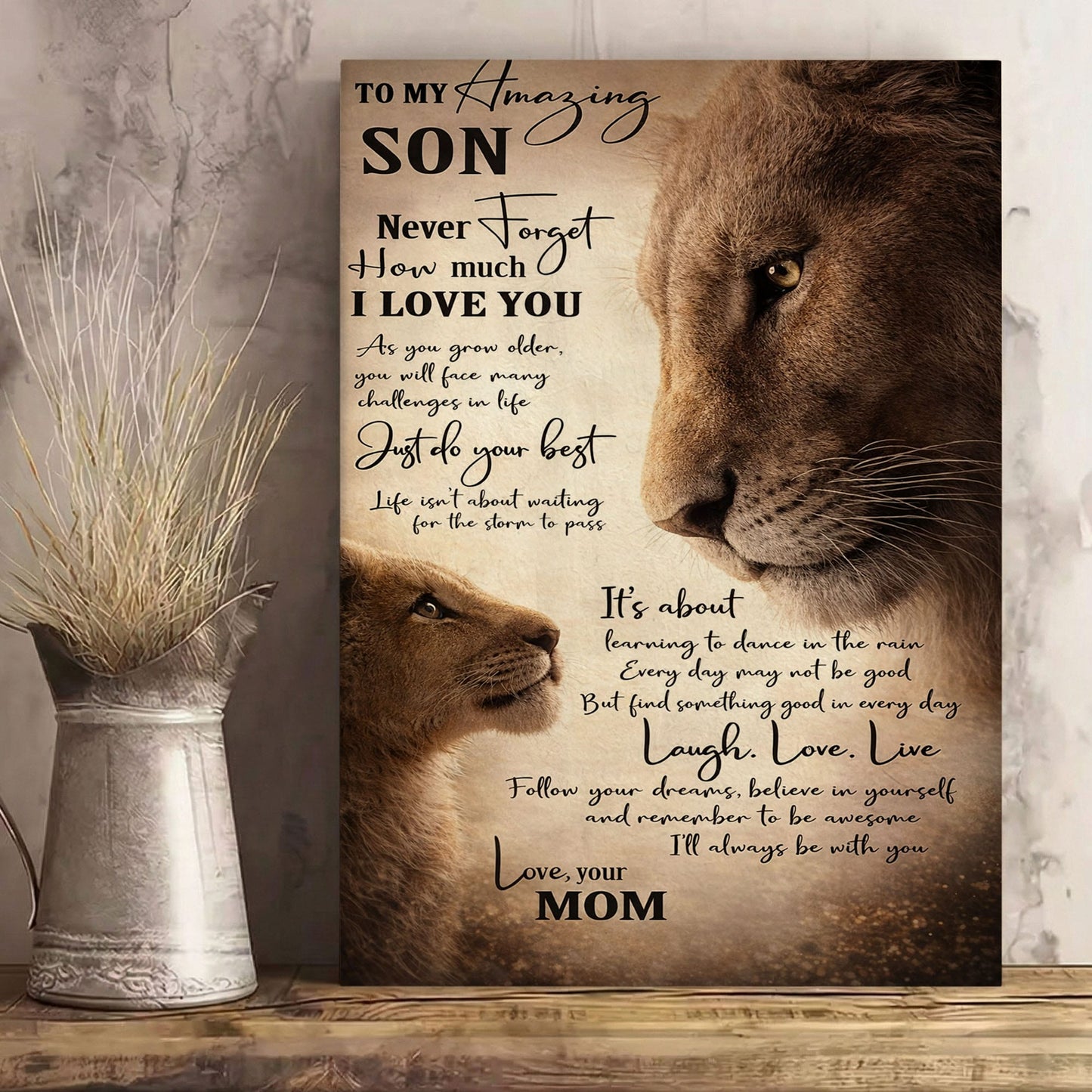 Lion Mom and Son Canvas Print To My Amazing Son Quote Wall Art Poster