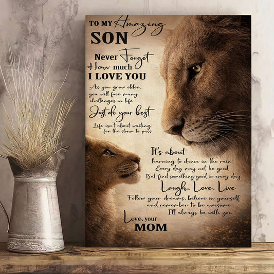 Lion Mom and Son Canvas Print To My Amazing Son Quote Wall Art Poster