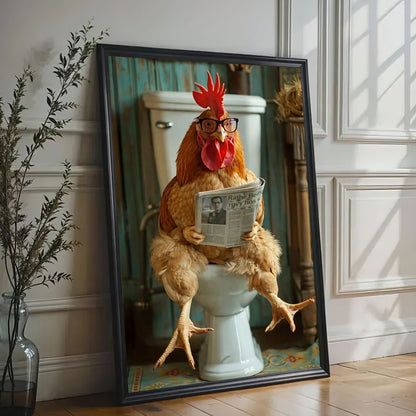 Chicken Bathroom Wall Art Canvas Rooster Reading Newspaper on Toilet
