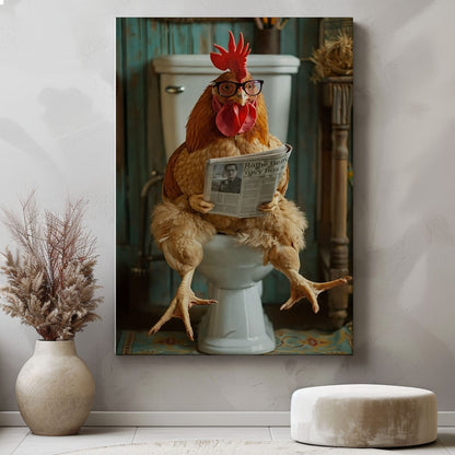 Chicken Bathroom Wall Art Canvas Rooster Reading Newspaper on Toilet