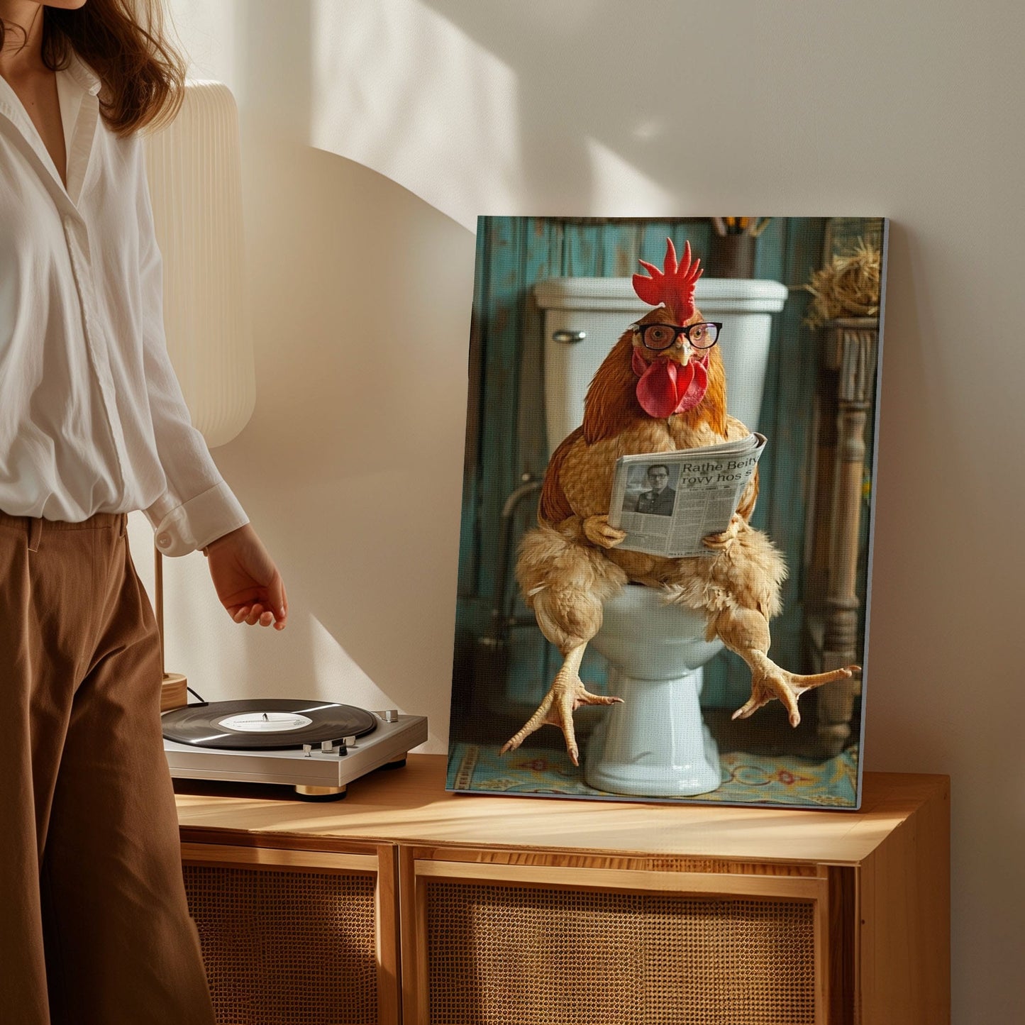 Chicken Bathroom Wall Art Canvas Rooster Reading Newspaper on Toilet