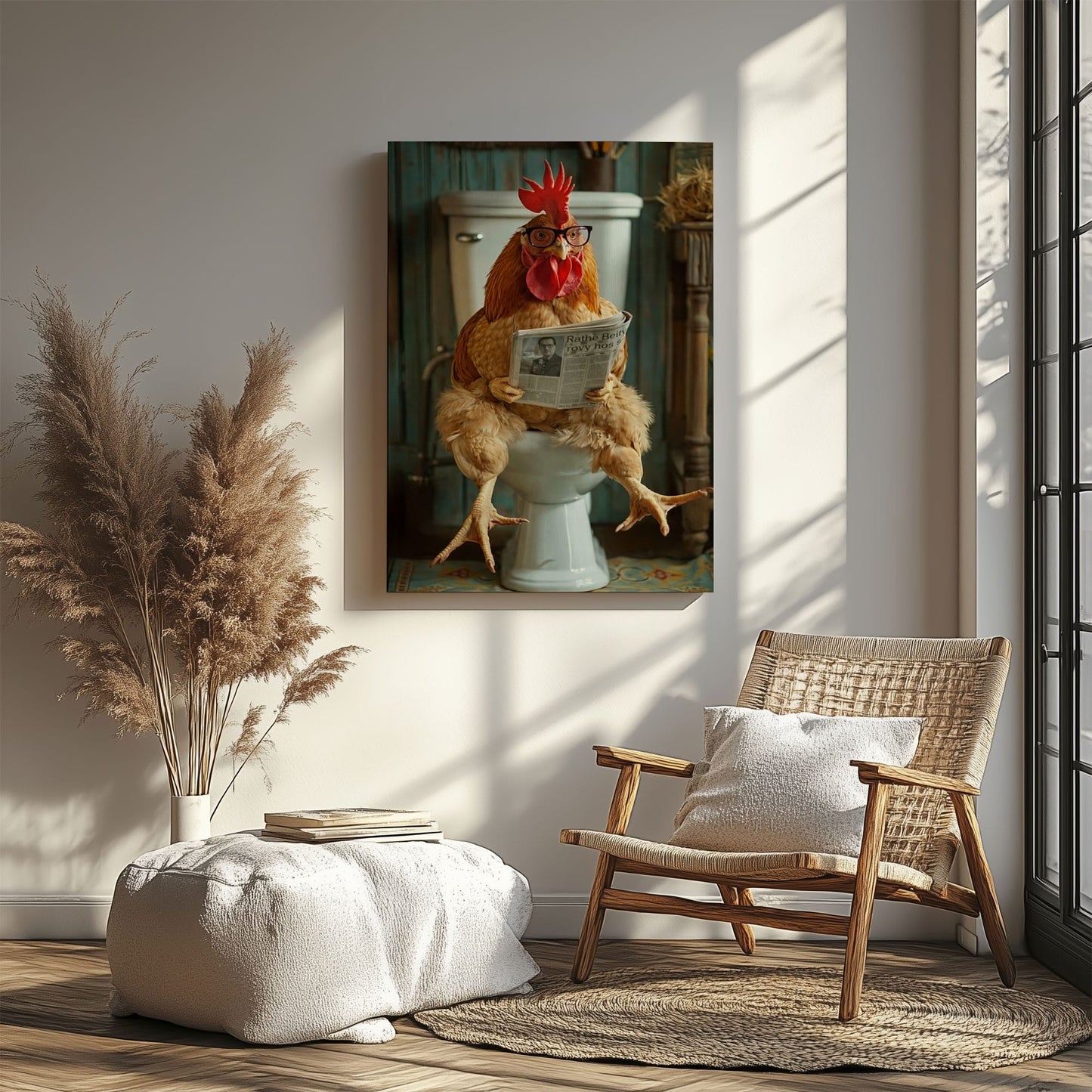 Chicken Bathroom Wall Art Canvas Rooster Reading Newspaper on Toilet
