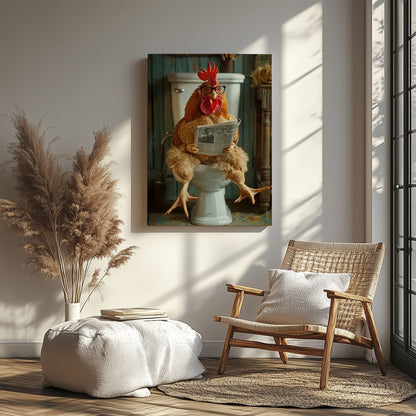 Chicken Bathroom Wall Art Canvas Rooster Reading Newspaper on Toilet