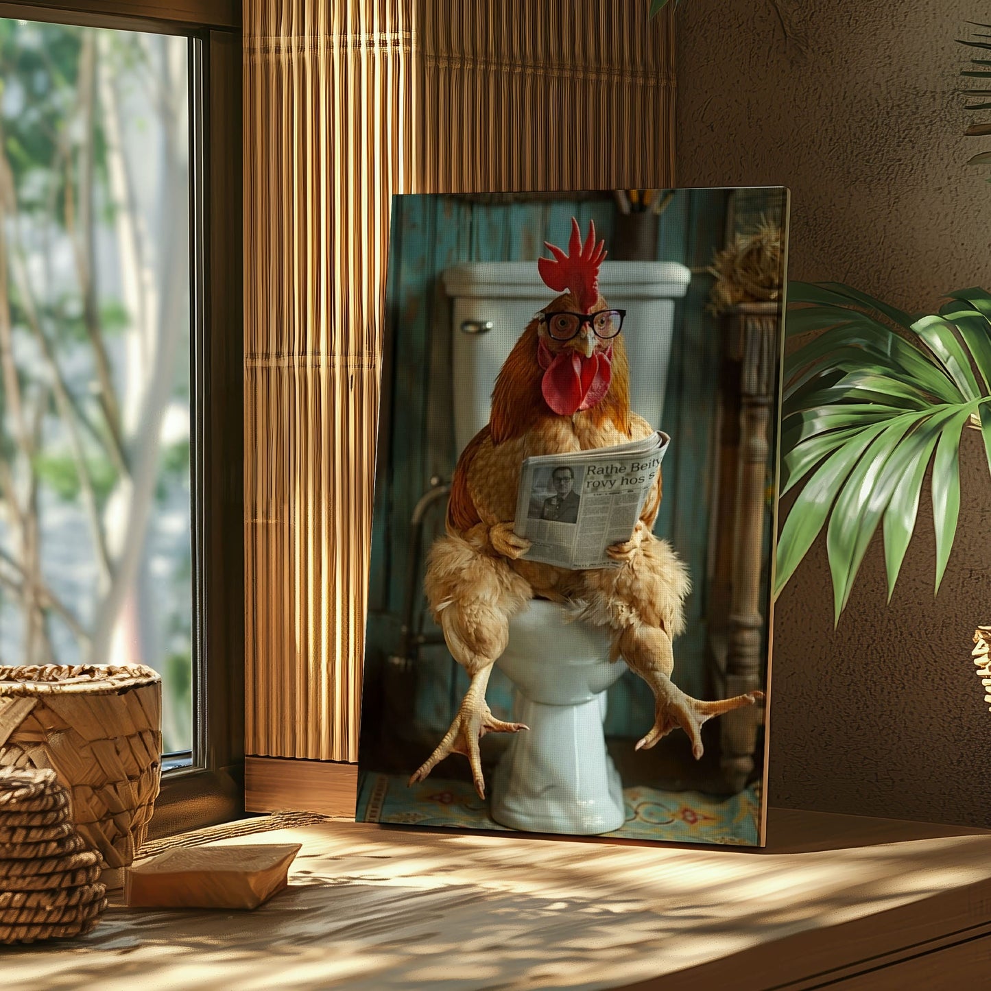 Chicken Bathroom Wall Art Canvas Rooster Reading Newspaper on Toilet