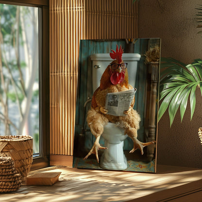 Chicken Bathroom Wall Art Canvas Rooster Reading Newspaper on Toilet
