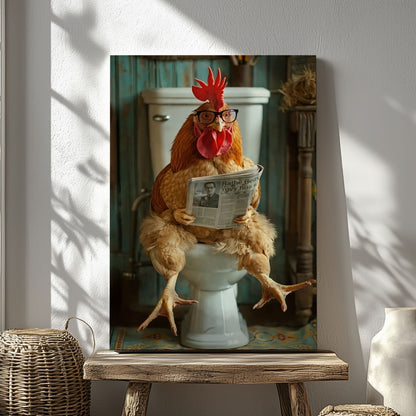 Chicken Bathroom Wall Art Canvas Rooster Reading Newspaper on Toilet