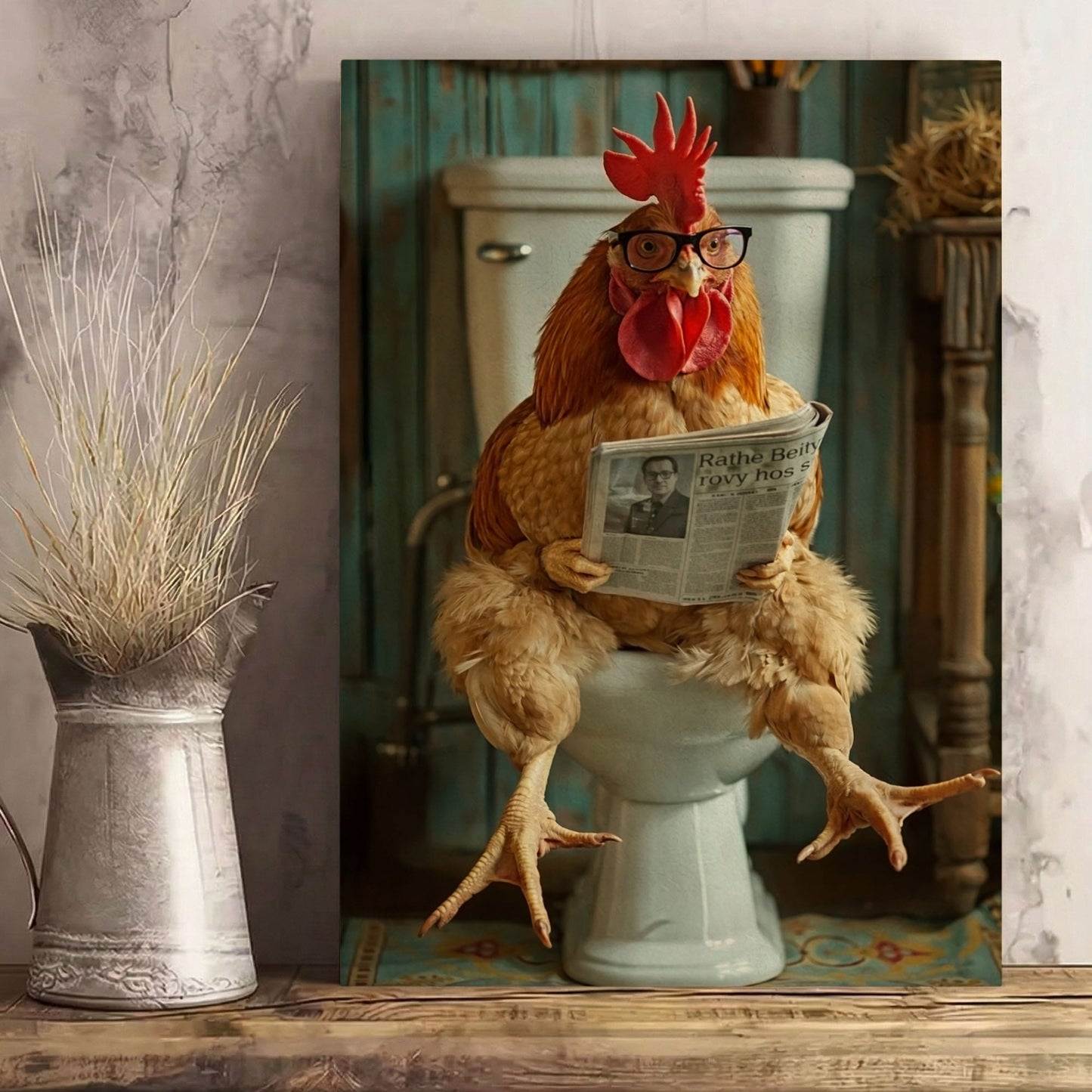 Chicken Bathroom Wall Art Canvas Rooster Reading Newspaper on Toilet