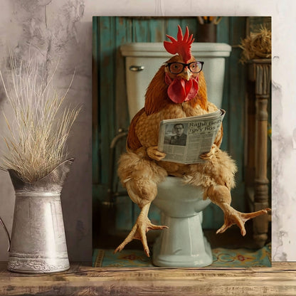 Chicken Bathroom Wall Art Canvas Rooster Reading Newspaper on Toilet