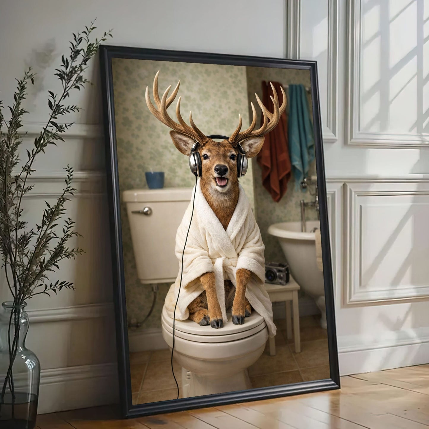 Deer on Toilet with Headphones Canvas Wall Art