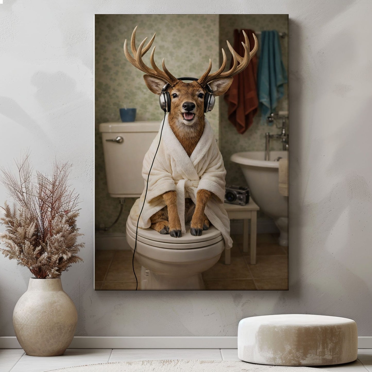 Deer on Toilet with Headphones Canvas Wall Art