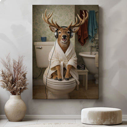 Deer on Toilet with Headphones Canvas Wall Art