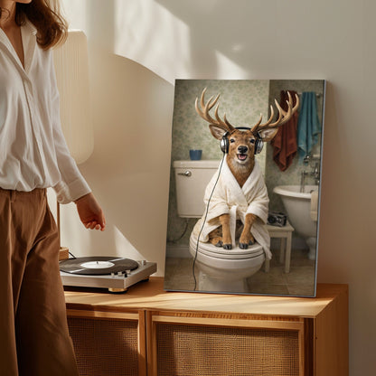 Deer on Toilet with Headphones Canvas Wall Art