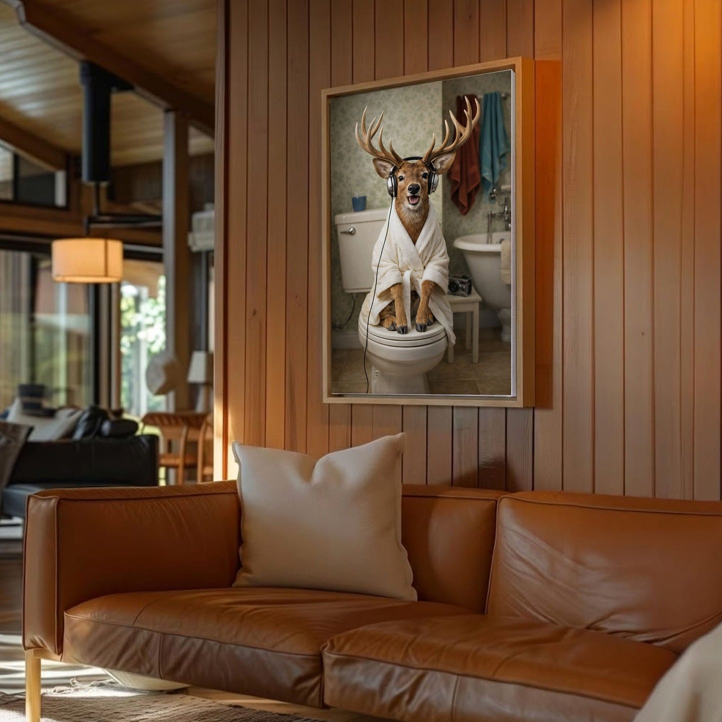 Deer on Toilet with Headphones Canvas Wall Art