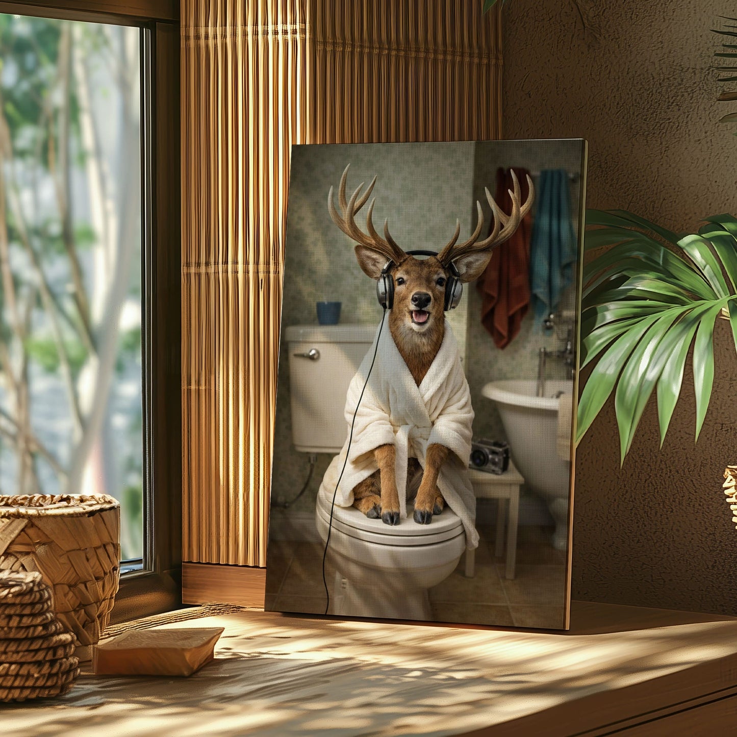 Deer on Toilet with Headphones Canvas Wall Art