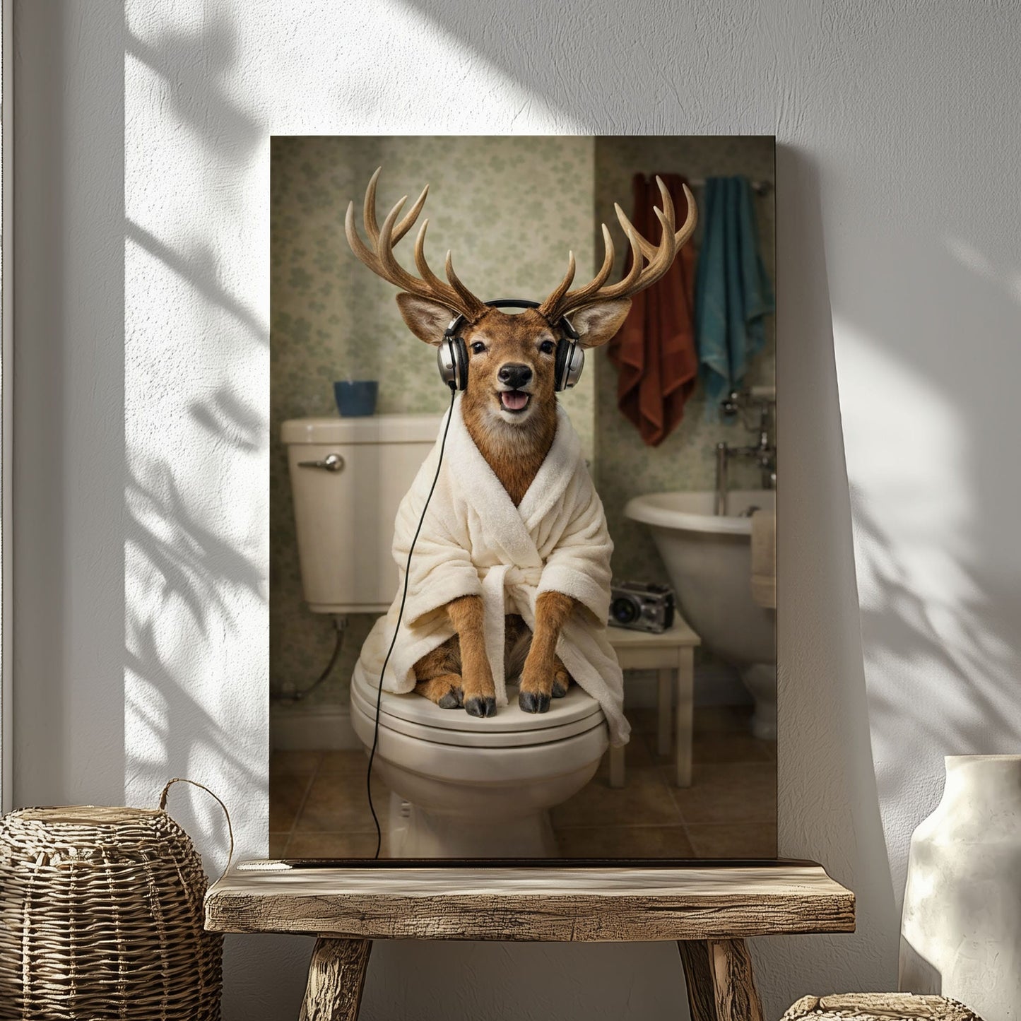 Deer on Toilet with Headphones Canvas Wall Art