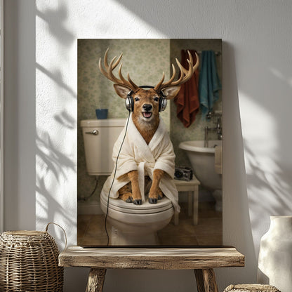 Deer on Toilet with Headphones Canvas Wall Art