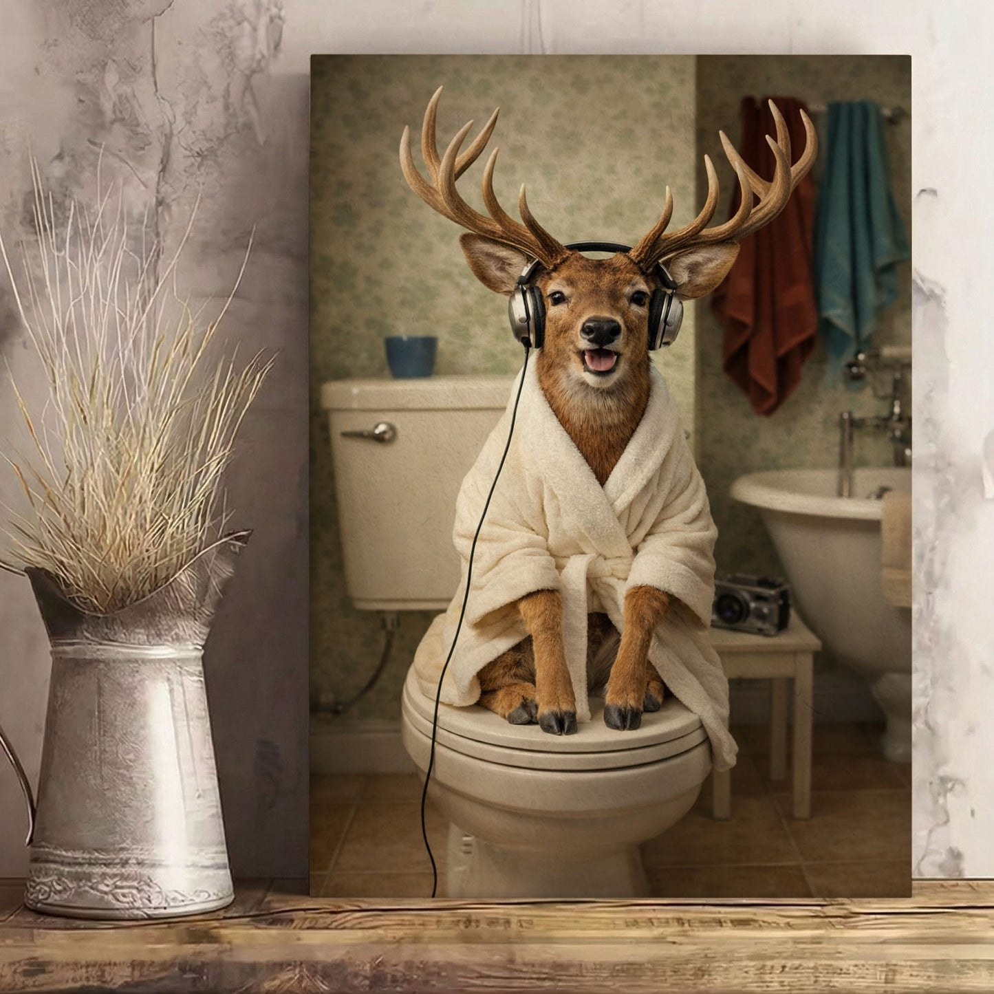 Deer on Toilet with Headphones Canvas Wall Art