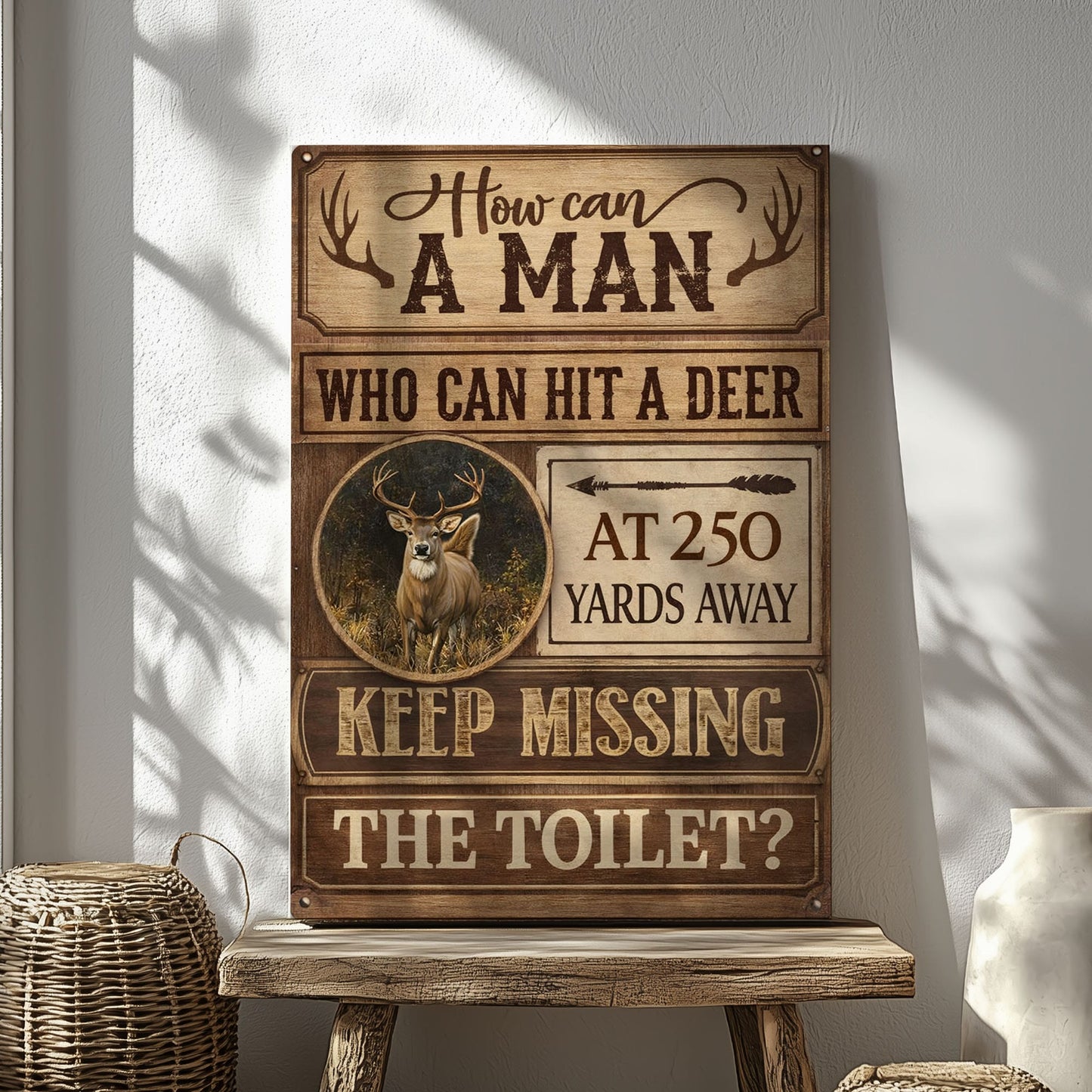Deer Hunter Bathroom Decor Canvas – Rustic Toilet Humor Wall Art