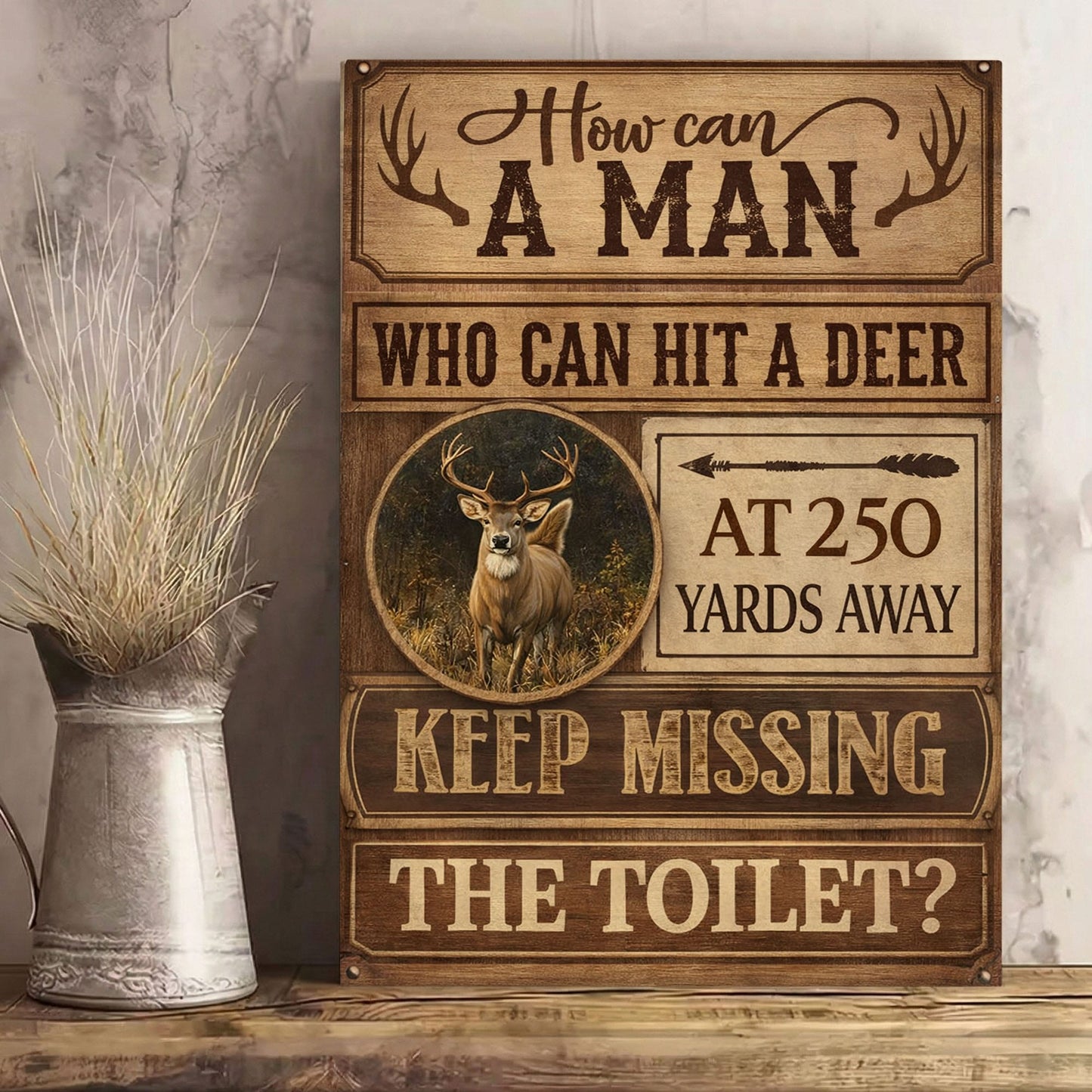 Deer Hunter Bathroom Decor Canvas – Rustic Toilet Humor Wall Art