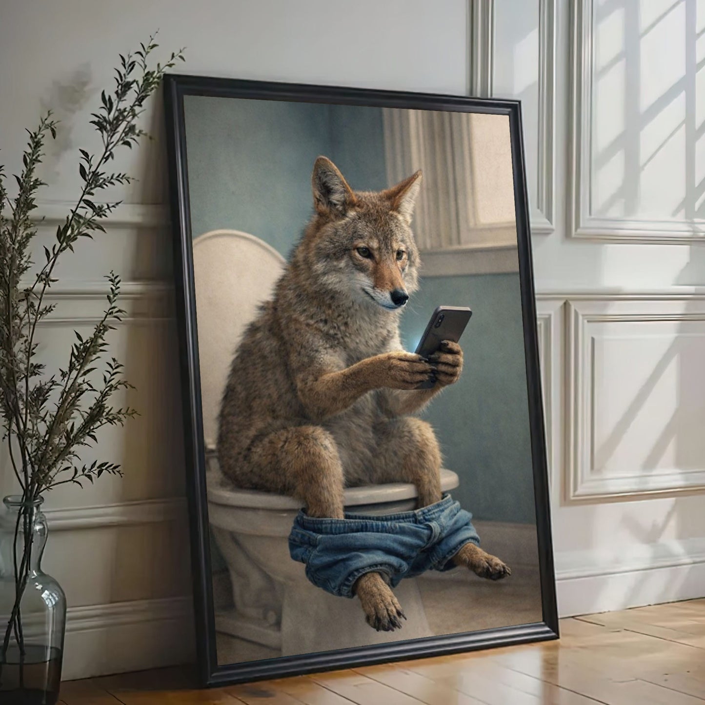 Coyote Sitting on Toilet with Phone Canvas
