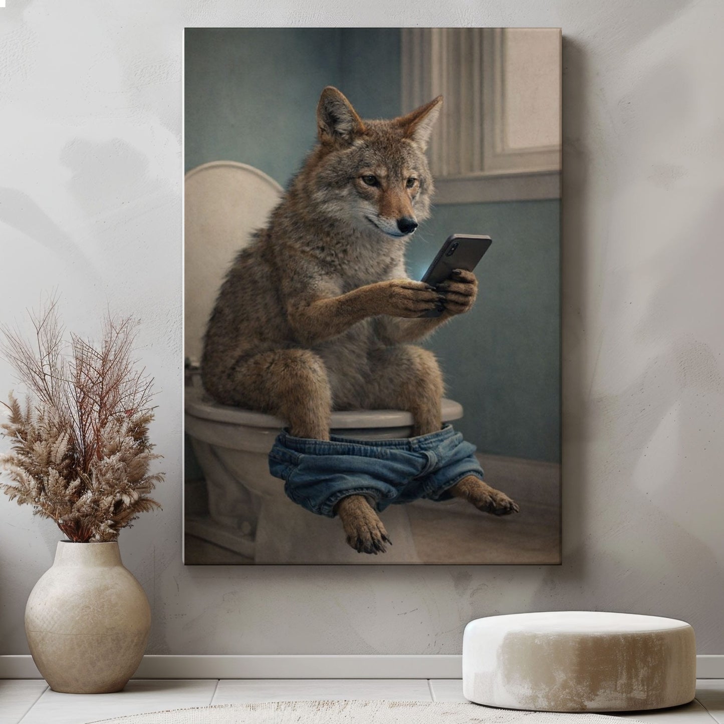 Coyote Sitting on Toilet with Phone Canvas