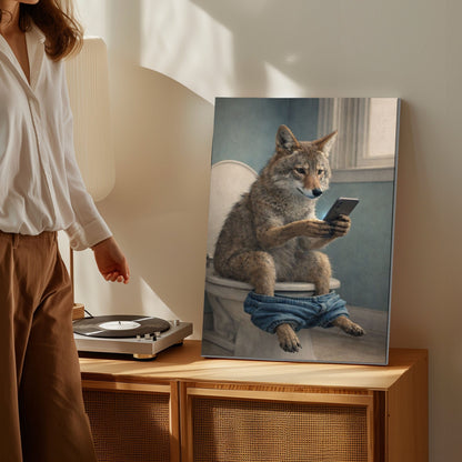 Coyote Sitting on Toilet with Phone Canvas