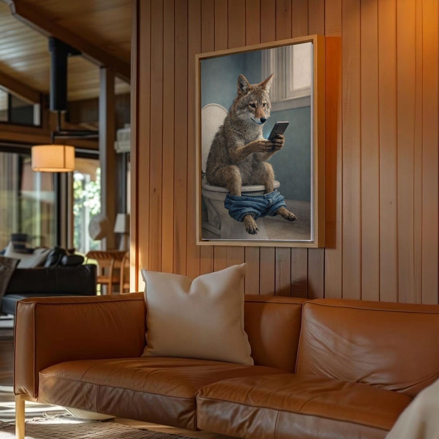 Coyote Sitting on Toilet with Phone Canvas
