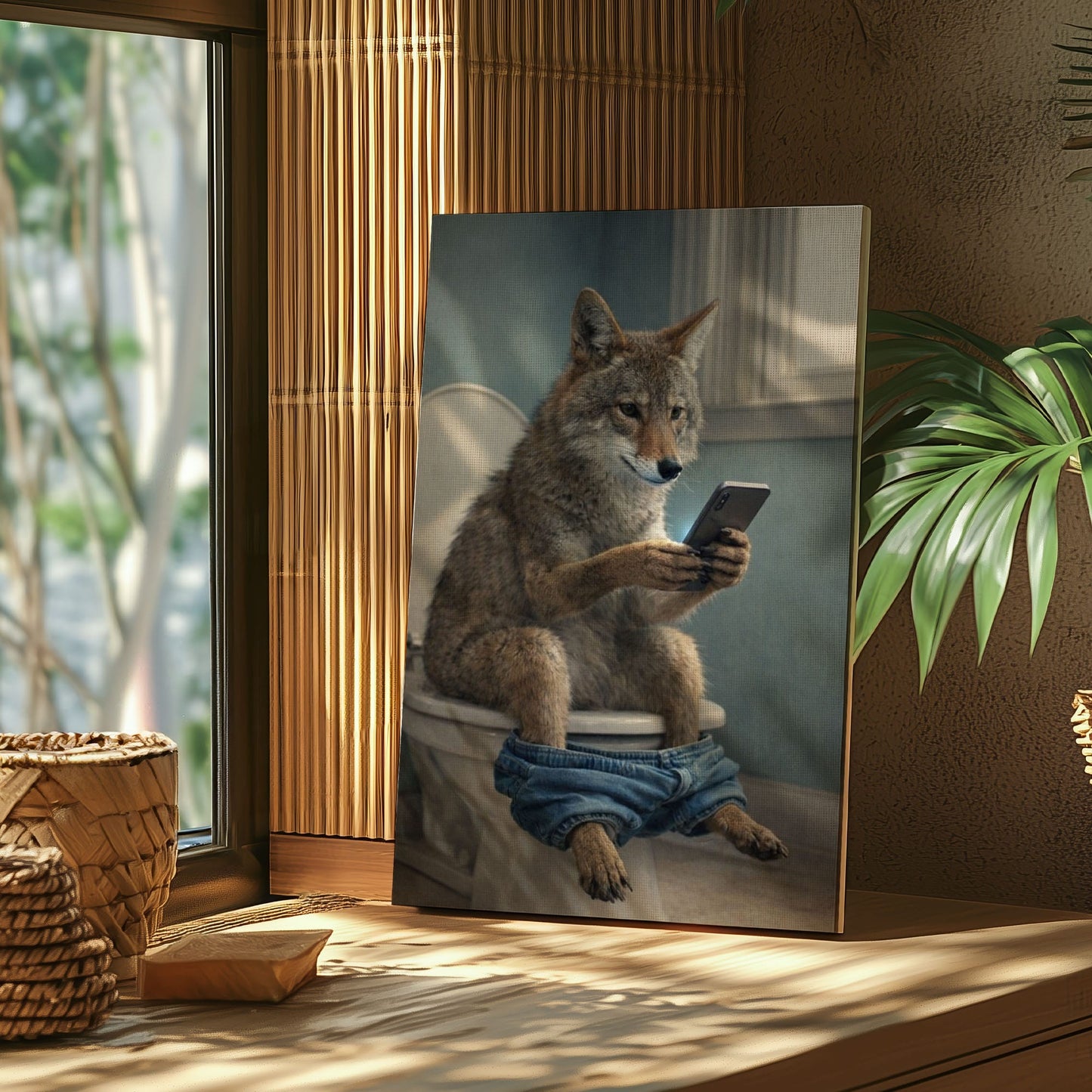 Coyote Sitting on Toilet with Phone Canvas