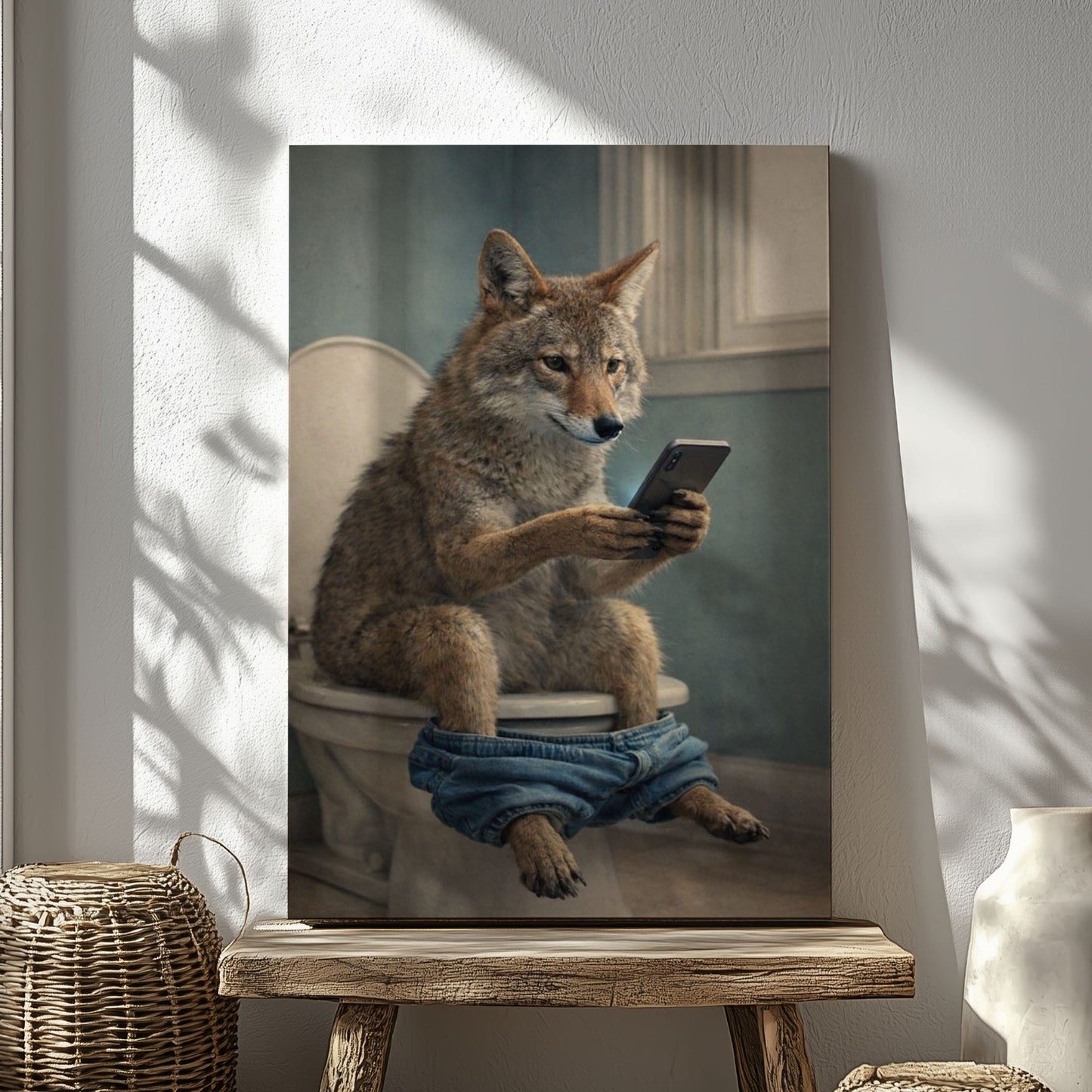 Coyote Sitting on Toilet with Phone Canvas