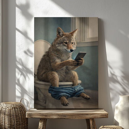 Coyote Sitting on Toilet with Phone Canvas