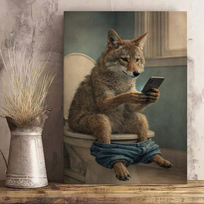 Coyote Sitting on Toilet with Phone Canvas