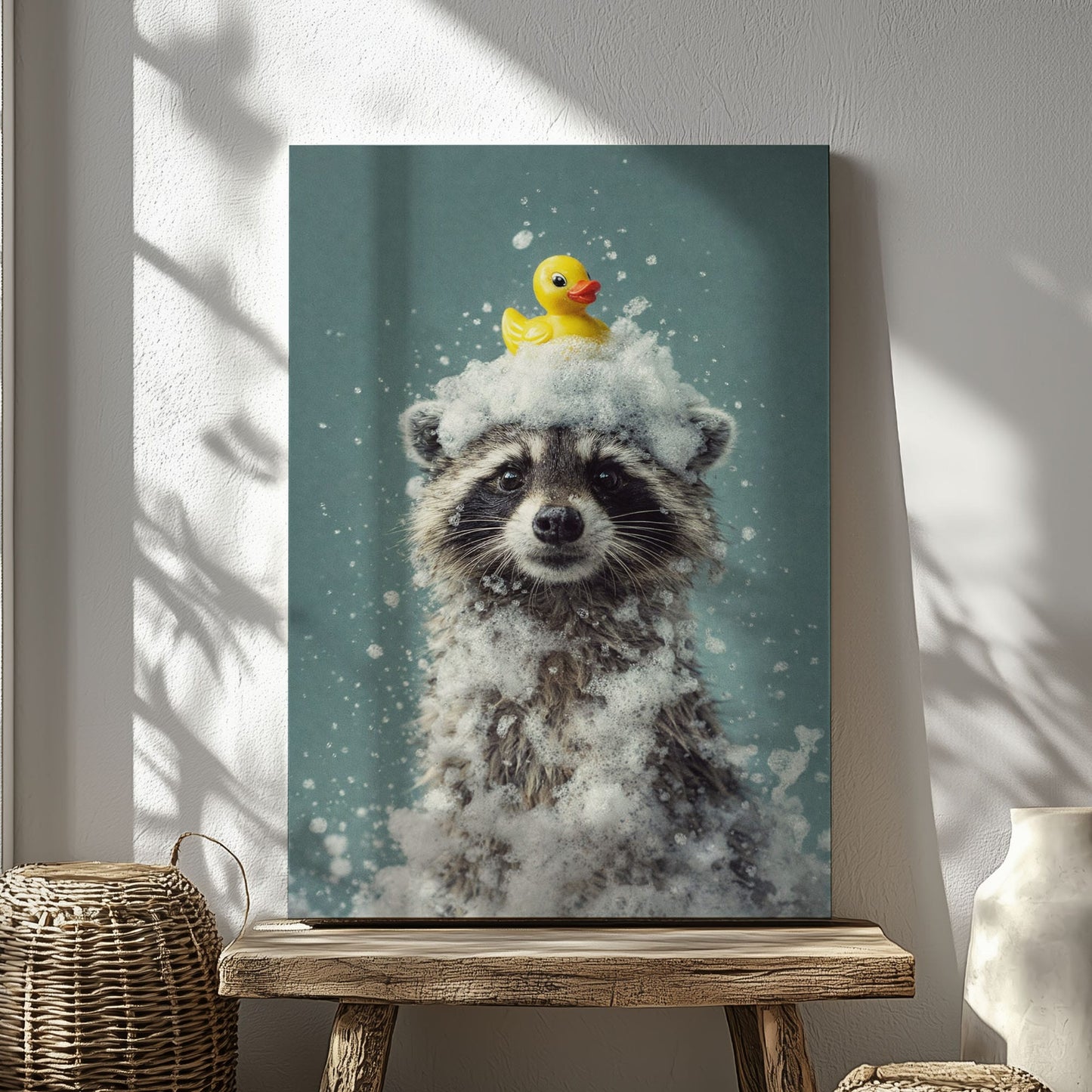 Cute Raccoon Bathroom Poster Wall Art Canvas Print