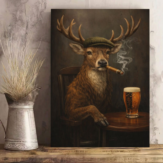 Deer Gentleman Stag Canvas Wall Art Cigar & Beer Vintage Bar Decor